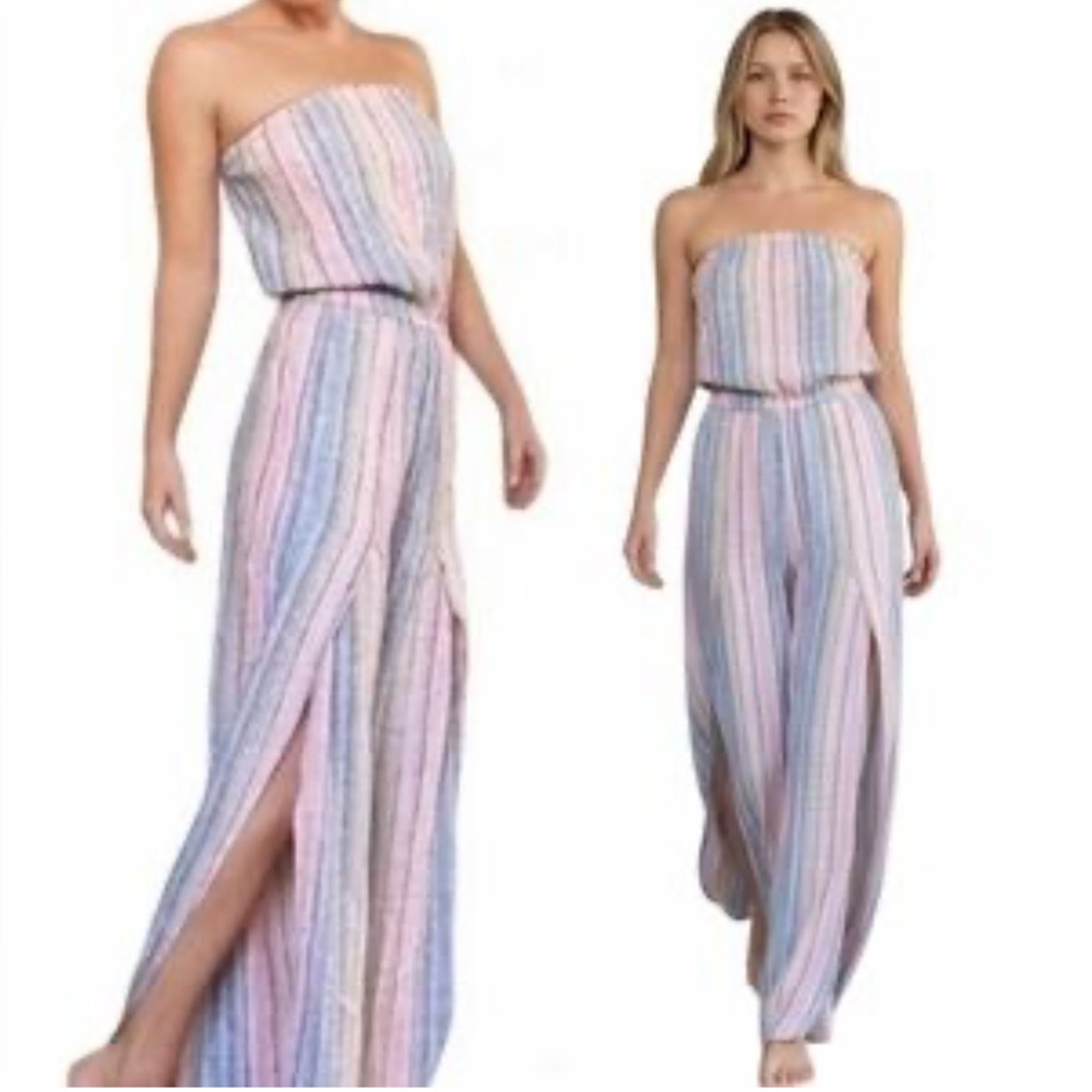 Anthropologie Drew Emerson Jumpsuit‎ XS Strapless Tulip Hem Linen Blend Open Leg